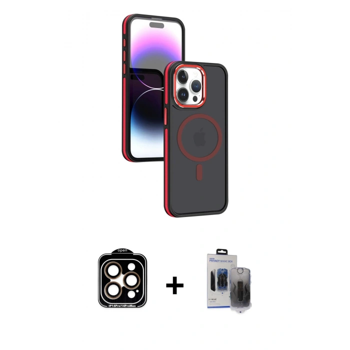 MARSİLYAN™- iPhone 15 Pro Max Kılıf Yörünge Klasik - Siyah Vanessa Magic Hayalet Cam + PVD Metal Kamera Lens - TU