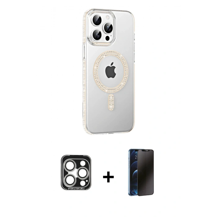MARSİLYAN™- iPhone 15 Pro Max Kılıf Yörünge Koleksiyonu - Siyah 3D Antistatik Hayalet Cam Ekran Koruyucu + PVD Metal Kamera Lens - GS