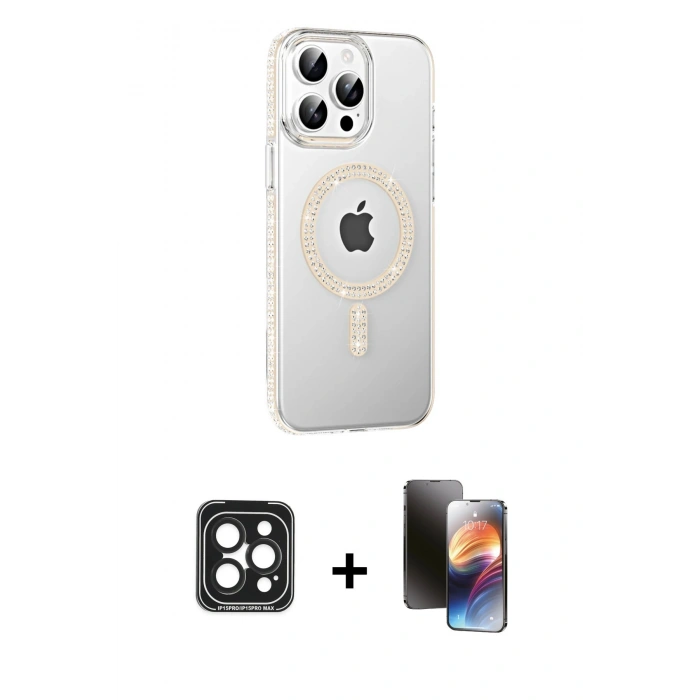 MARSİLYAN™- iPhone 15 Pro Max Kılıf Yörünge Koleksiyonu - Siyah 3D Antistatik Mat Seramik Nano Ekran Koruyucu + PVD Metal Kamera Lens - SH