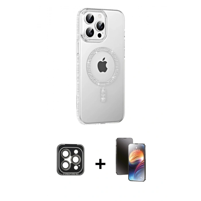 MARSİLYAN™- iPhone 15 Pro Max Kılıf Yörünge Koleksiyonu - Siyah 3D Antistatik Mat Seramik Nano Ekran Koruyucu + PVD Metal Kamera Lens - GI