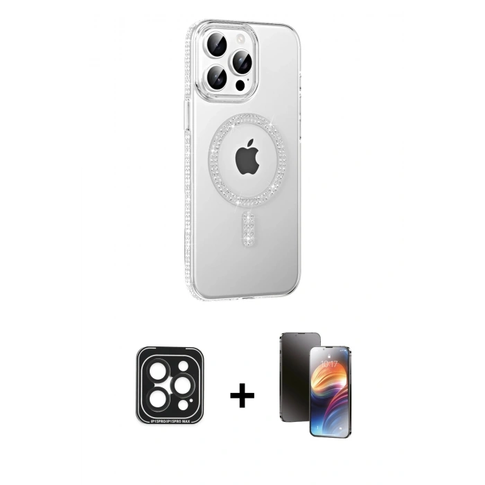 MARSİLYAN™- iPhone 15 Pro Max Kılıf Yörünge Koleksiyonu - Siyah 3D Antistatik Mat Seramik Nano Ekran Koruyucu + PVD Metal Kamera Lens - SH