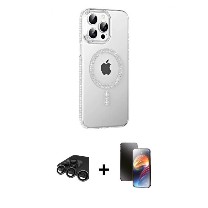 MARSİLYAN™- iPhone 15 Pro Max Kılıf Yörünge Koleksiyonu - Siyah 3D Antistatik Mat Seramik Nano Ekran Koruyucu + Raze Metal Kamera Lens - TMGI