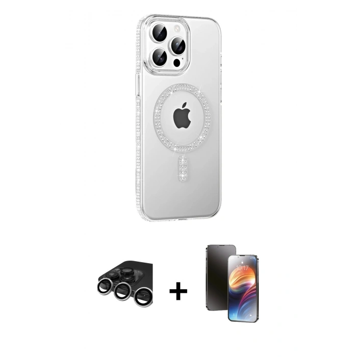 MARSİLYAN™- iPhone 15 Pro Max Kılıf Yörünge Koleksiyonu - Siyah 3D Antistatik Mat Seramik Nano Ekran Koruyucu + Raze Metal Kamera Lens - GS
