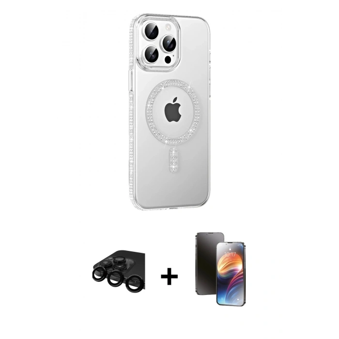 MARSİLYAN™- iPhone 15 Pro Max Kılıf Yörünge Koleksiyonu - Siyah 3D Antistatik Mat Seramik Nano Ekran Koruyucu + Raze Metal Kamera Lens - SH
