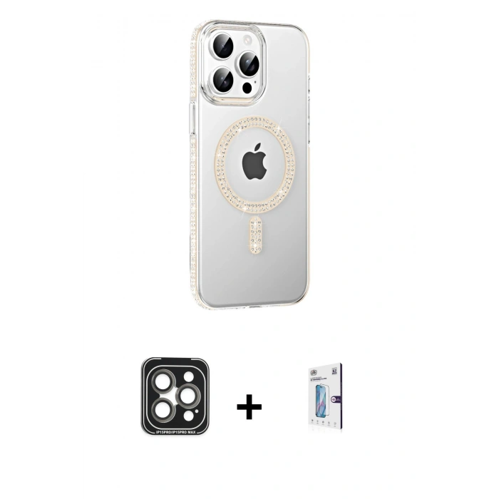 MARSİLYAN™- iPhone 15 Pro Max Kılıf Yörünge Koleksiyonu - Siyah Bilvis 0.18mm Plus Cam Ekran Koruyucu + PVD Metal Kamera Lens - GI