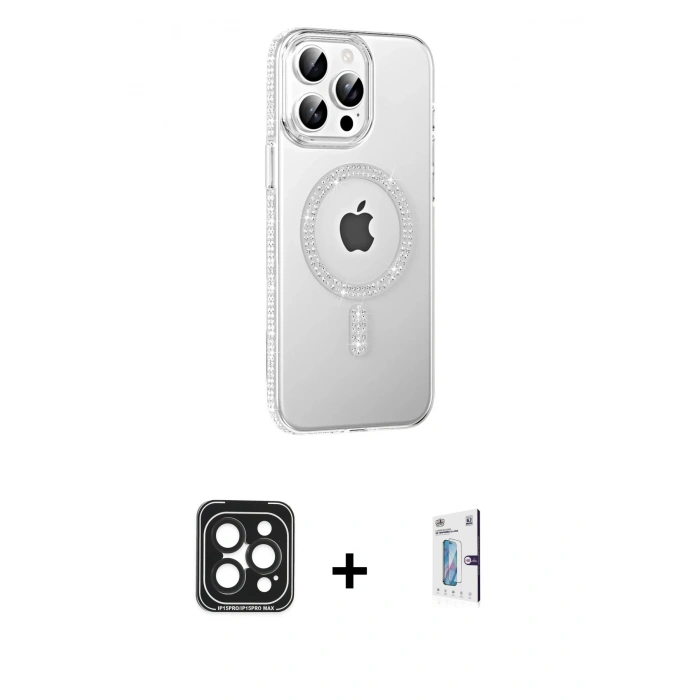 MARSİLYAN™- iPhone 15 Pro Max Kılıf Yörünge Koleksiyonu - Siyah Bilvis 0.18mm Plus Cam Ekran Koruyucu + PVD Metal Kamera Lens - SH