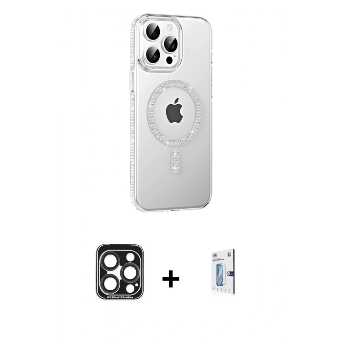MARSİLYAN™- iPhone 15 Pro Max Kılıf Yörünge Koleksiyonu - Siyah Bilvis 0.18mm Plus Cam Ekran Koruyucu + PVD Metal Kamera Lens - LT