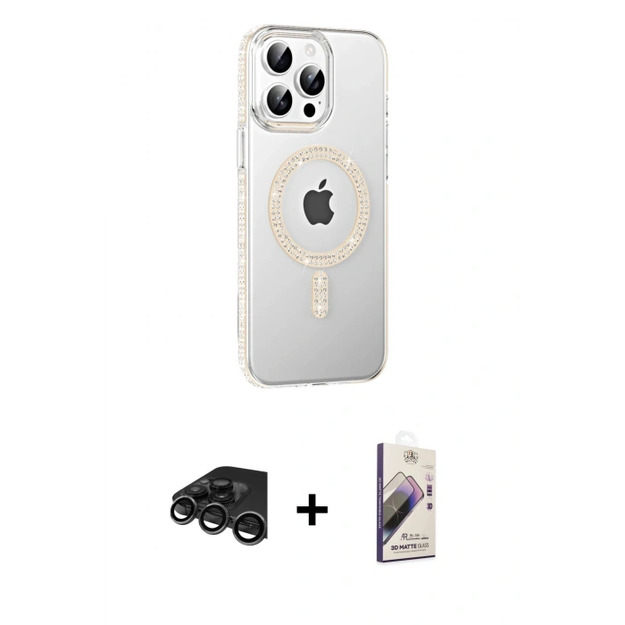 MARSİLYAN™- iPhone 15 Pro Max Kılıf Yörünge Koleksiyonu - Siyah Bilvis 3D Mat Cam Ekran Koruyucu + Raze Metal Kamera Lens - TMGI