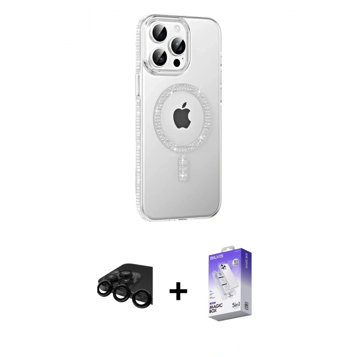 MARSİLYAN™- iPhone 15 Pro Max Kılıf Yörünge Koleksiyonu - Siyah Bilvis 5in1 3D Magic Cam Ekran Koruyucu + Raze Metal Kamera Lens - SH