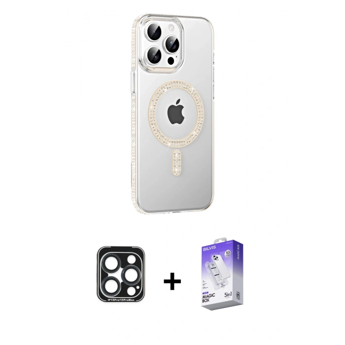 MARSİLYAN™- iPhone 15 Pro Max Kılıf Yörünge Koleksiyonu - Siyah Bilvis 5in1 3D Magic Cam Ekran Koruyucu + Lacivert PVD Metal Kamera Lens