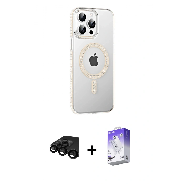 MARSİLYAN™- iPhone 15 Pro Max Kılıf Yörünge Koleksiyonu - Siyah Bilvis 5in1 3D Magic Cam Ekran Koruyucu + Raze Metal Kamera Lens - SH