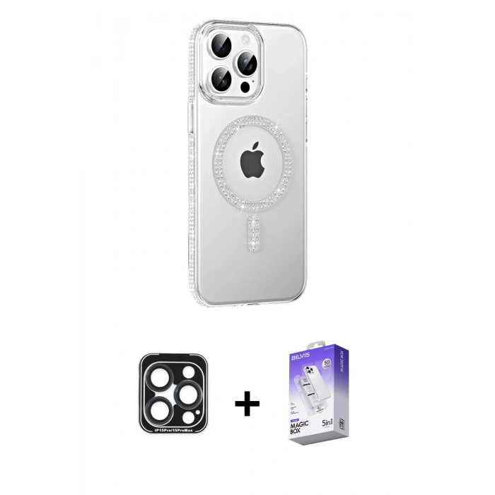 MARSİLYAN™- iPhone 15 Pro Max Kılıf Yörünge Koleksiyonu - Siyah Bilvis 5in1 3D Magic Cam Ekran Koruyucu + Lacivert PVD Metal Kamera Lens
