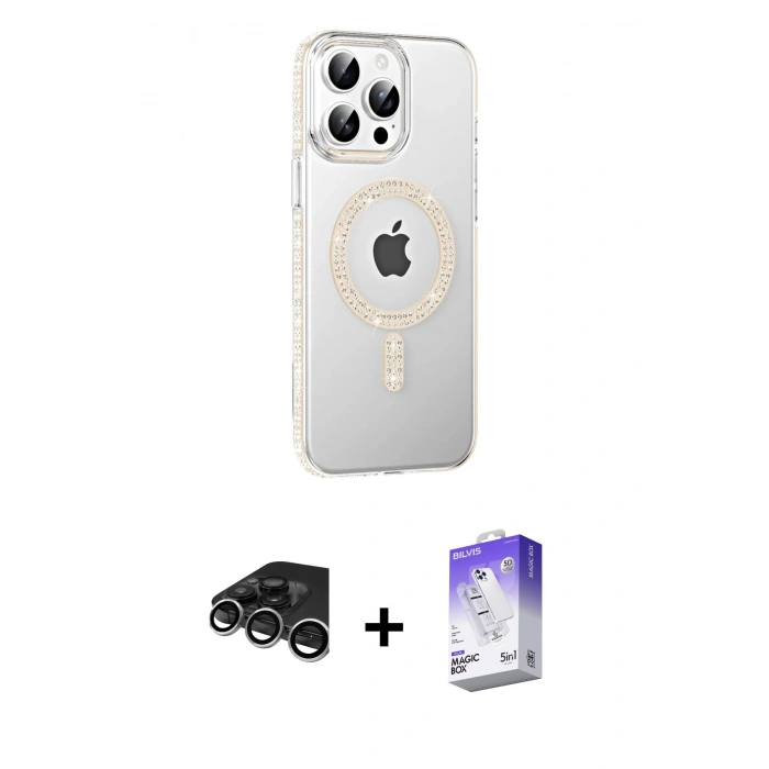 MARSİLYAN™- iPhone 15 Pro Max Kılıf Yörünge Koleksiyonu - Siyah Bilvis 5in1 3D Magic Cam Ekran Koruyucu + Gümüş Raze Metal Kamera Lens