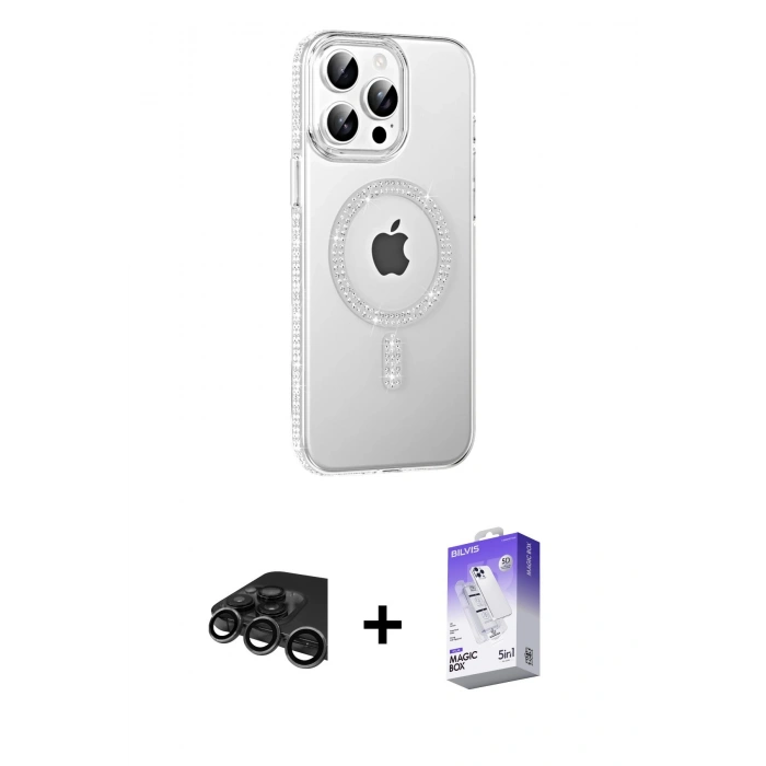 MARSİLYAN™- iPhone 15 Pro Max Kılıf Yörünge Koleksiyonu - Siyah Bilvis 5in1 3D Magic Cam Ekran Koruyucu + Titanyum Gri Raze Metal Kamera Lens