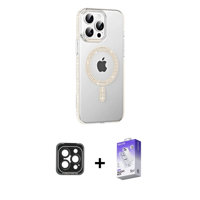 MARSİLYAN™- iPhone 15 Pro Max Kılıf Yörünge Koleksiyonu - Siyah Bilvis 5in1 3D Magic Cam Ekran Koruyucu + PVD Metal Kamera Lens - SH
