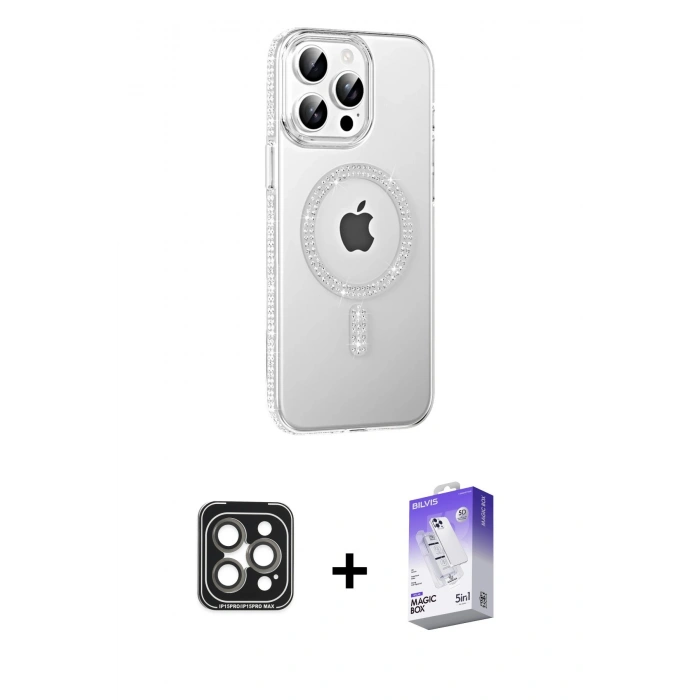 MARSİLYAN™- iPhone 15 Pro Max Kılıf Yörünge Koleksiyonu - Siyah Bilvis 5in1 3D Magic Cam Ekran Koruyucu + Gri PVD Metal Kamera Lens