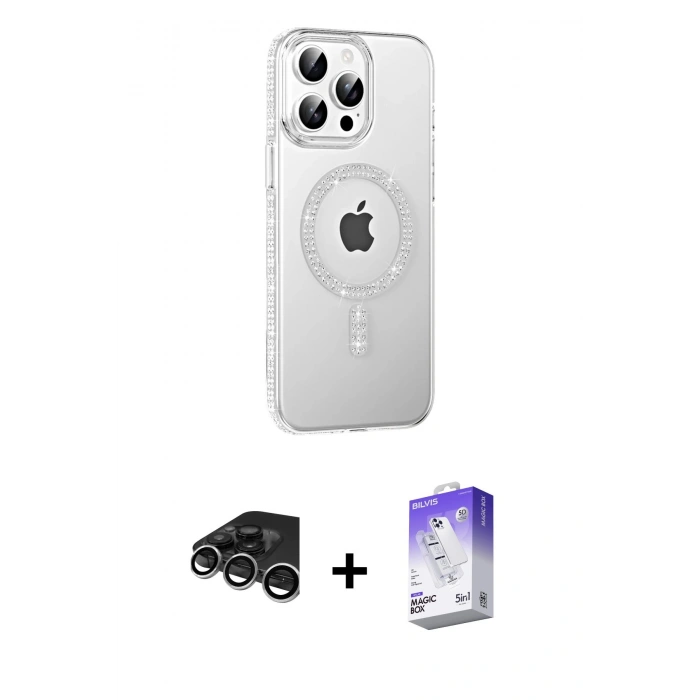 MARSİLYAN™- iPhone 15 Pro Max Kılıf Yörünge Koleksiyonu - Siyah Bilvis 5in1 3D Magic Cam Ekran Koruyucu + Gümüş Raze Metal Kamera Lens