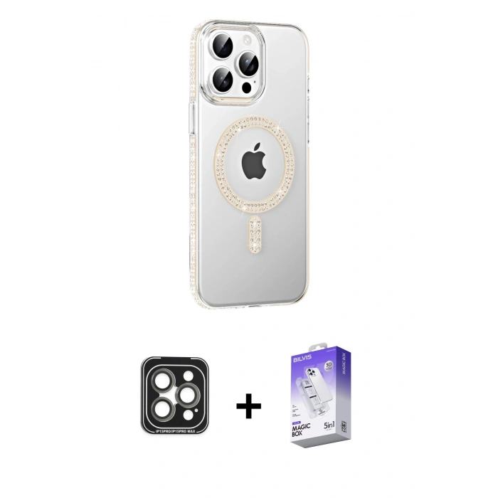 MARSİLYAN™- iPhone 15 Pro Max Kılıf Yörünge Koleksiyonu - Siyah Bilvis 5in1 3D Magic Cam Ekran Koruyucu + Gri PVD Metal Kamera Lens