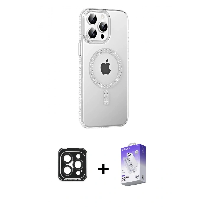 MARSİLYAN™- iPhone 15 Pro Max Kılıf Yörünge Koleksiyonu - Siyah Bilvis 5in1 3D Magic Cam Ekran Koruyucu + PVD Metal Kamera Lens - SH