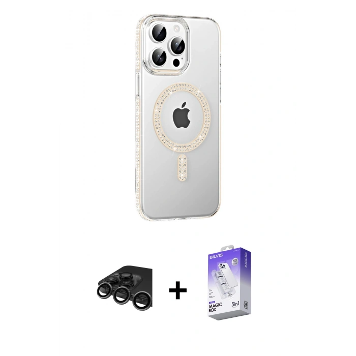 MARSİLYAN™- iPhone 15 Pro Max Kılıf Yörünge Koleksiyonu - Siyah Bilvis 5in1 3D Magic Cam Ekran Koruyucu + Titanyum Gri Raze Metal Kamera Lens