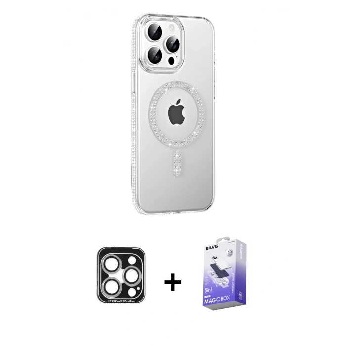 MARSİLYAN™- iPhone 15 Pro Max Kılıf Yörünge Koleksiyonu - Siyah Bilvis 5in1 5D Magic Hayalet Cam Ekran Koruyucu + Gümüş PVD Metal Kamera Lens