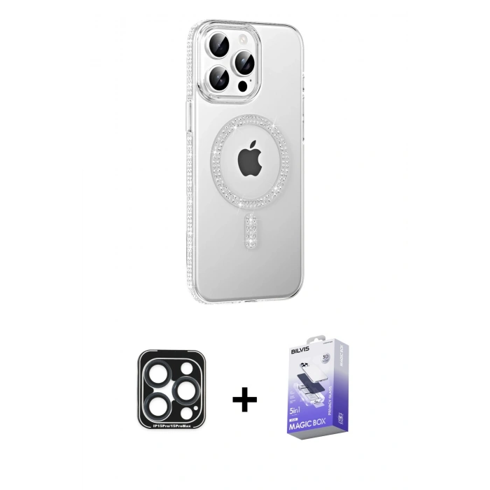 MARSİLYAN™- iPhone 15 Pro Max Kılıf Yörünge Koleksiyonu - Siyah Bilvis 5in1 5D Magic Hayalet Cam Ekran Koruyucu + PVD Metal Kamera Lens - LT