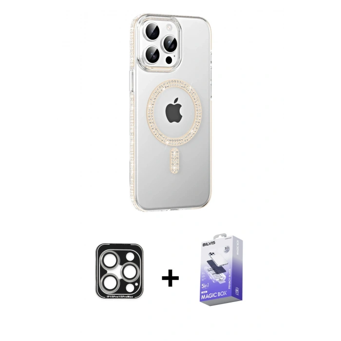 MARSİLYAN™- iPhone 15 Pro Max Kılıf Yörünge Koleksiyonu - Siyah Bilvis 5in1 5D Magic Hayalet Cam Ekran Koruyucu + Gümüş PVD Metal Kamera Lens