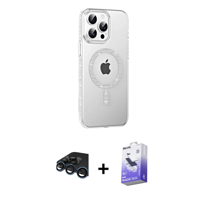 MARSİLYAN™- iPhone 15 Pro Max Kılıf Yörünge Koleksiyonu - Siyah Bilvis 5in1 5D Magic Hayalet Cam Ekran Koruyucu + Raze Metal Kamera Lens - LT