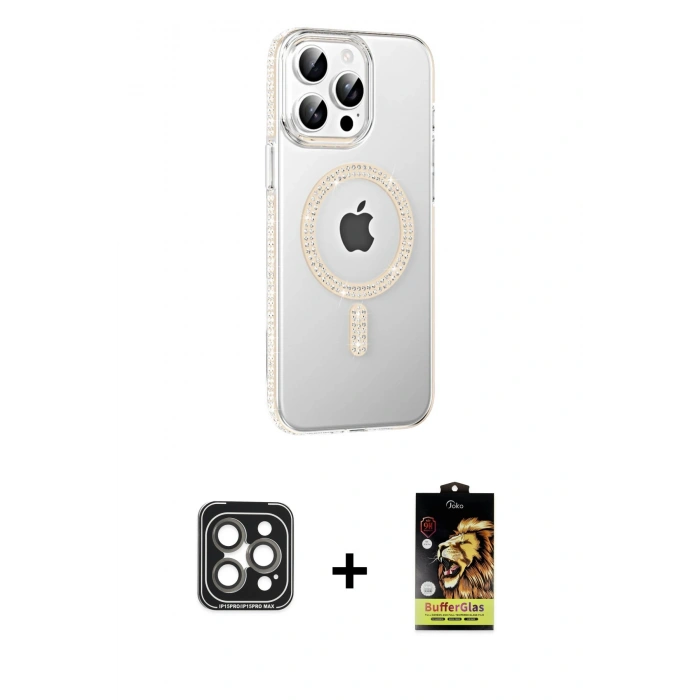 MARSİLYAN™- iPhone 15 Pro Max Kılıf Yörünge Koleksiyonu - Siyah Buffer Cam Ekran Koruyucu + PVD Metal Kamera Lens - GI