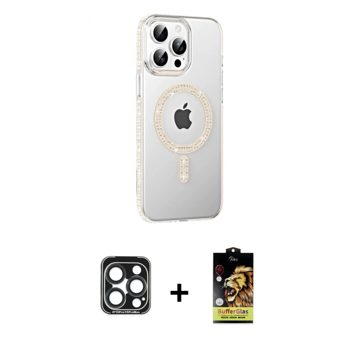 MARSİLYAN™- iPhone 15 Pro Max Kılıf Yörünge Koleksiyonu - Siyah Buffer Cam Ekran Koruyucu + PVD Metal Kamera Lens - LT