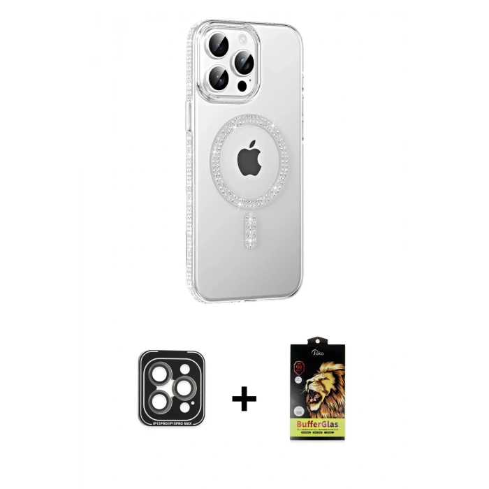 MARSİLYAN™- iPhone 15 Pro Max Kılıf Yörünge Koleksiyonu - Siyah Buffer Cam Ekran Koruyucu + PVD Metal Kamera Lens - GI
