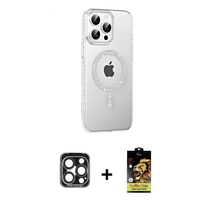 MARSİLYAN™- iPhone 15 Pro Max Kılıf Yörünge Koleksiyonu - Siyah Buffer Cam Ekran Koruyucu + PVD Metal Kamera Lens - LT
