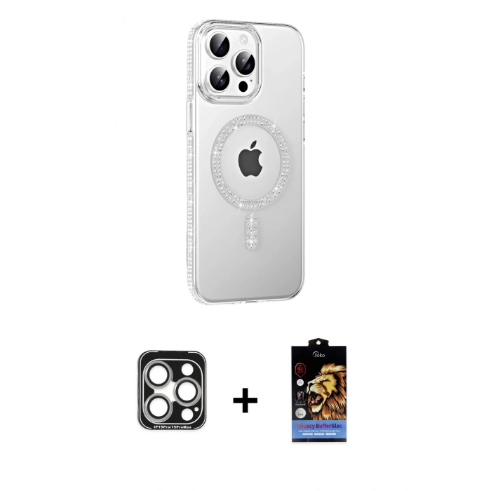 MARSİLYAN™- iPhone 15 Pro Max Kılıf Yörünge Koleksiyonu - Siyah Buffer Hayalet Cam Ekran Koruyucu + PVD Metal Kamera Lens - GS