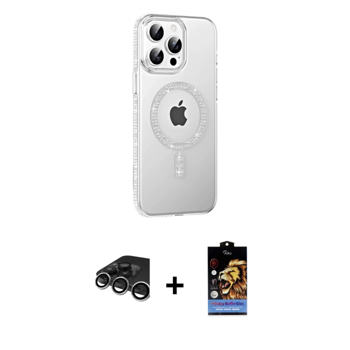MARSİLYAN™- iPhone 15 Pro Max Kılıf Yörünge Koleksiyonu - Siyah Buffer Hayalet Cam Ekran Koruyucu + Gümüş Raze Metal Kamera Lens