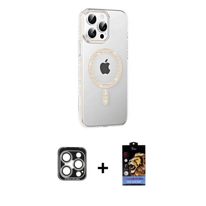MARSİLYAN™- iPhone 15 Pro Max Kılıf Yörünge Koleksiyonu - Siyah Buffer Hayalet Cam Ekran Koruyucu + PVD Metal Kamera Lens - GS