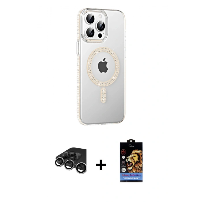 MARSİLYAN™- iPhone 15 Pro Max Kılıf Yörünge Koleksiyonu - Siyah Buffer Hayalet Cam Ekran Koruyucu + Gümüş Raze Metal Kamera Lens