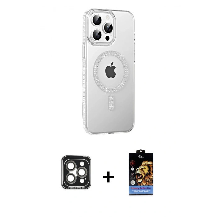 MARSİLYAN™- iPhone 15 Pro Max Kılıf Yörünge Koleksiyonu - Siyah Buffer Hayalet Cam Ekran Koruyucu + PVD Metal Kamera Lens - GI