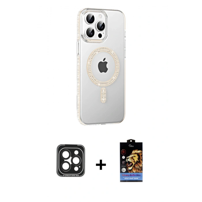 MARSİLYAN™- iPhone 15 Pro Max Kılıf Yörünge Koleksiyonu - Siyah Buffer Hayalet Cam Ekran Koruyucu + PVD Metal Kamera Lens - SH