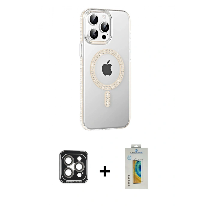 MARSİLYAN™- iPhone 15 Pro Max Kılıf Yörünge Koleksiyonu - Siyah Polymer Nano Ekran Koruyucu + Gri PVD Metal Kamera Lens