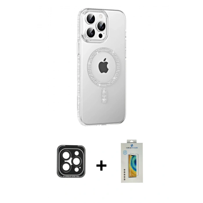 MARSİLYAN™- iPhone 15 Pro Max Kılıf Yörünge Koleksiyonu - Siyah Polymer Nano Ekran Koruyucu + Siyah PVD Metal Kamera Lens