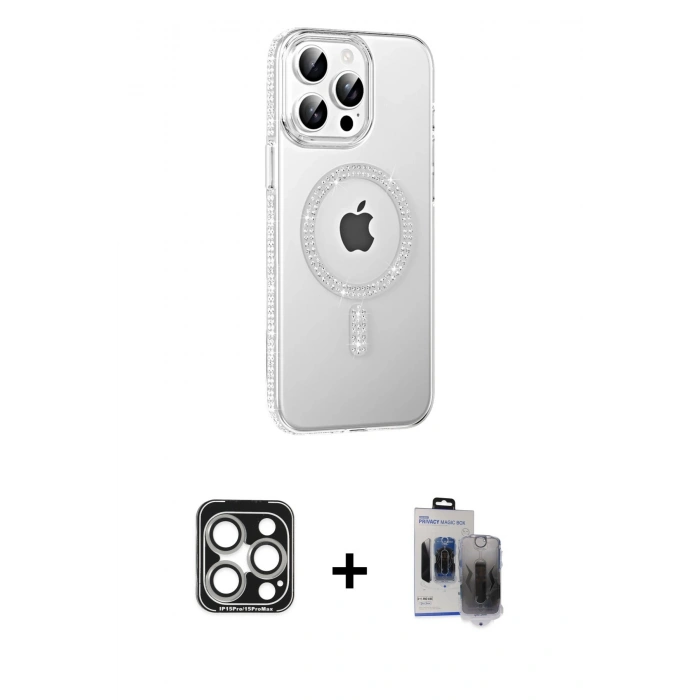 MARSİLYAN™- iPhone 15 Pro Max Kılıf Yörünge Koleksiyonu - Siyah Vanessa Magic Hayalet Cam + PVD Metal Kamera Lens - GS