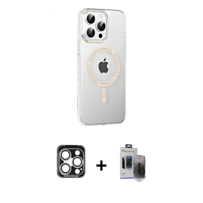MARSİLYAN™- iPhone 15 Pro Max Kılıf Yörünge Koleksiyonu - Siyah Vanessa Magic Hayalet Cam + PVD Metal Kamera Lens - GS