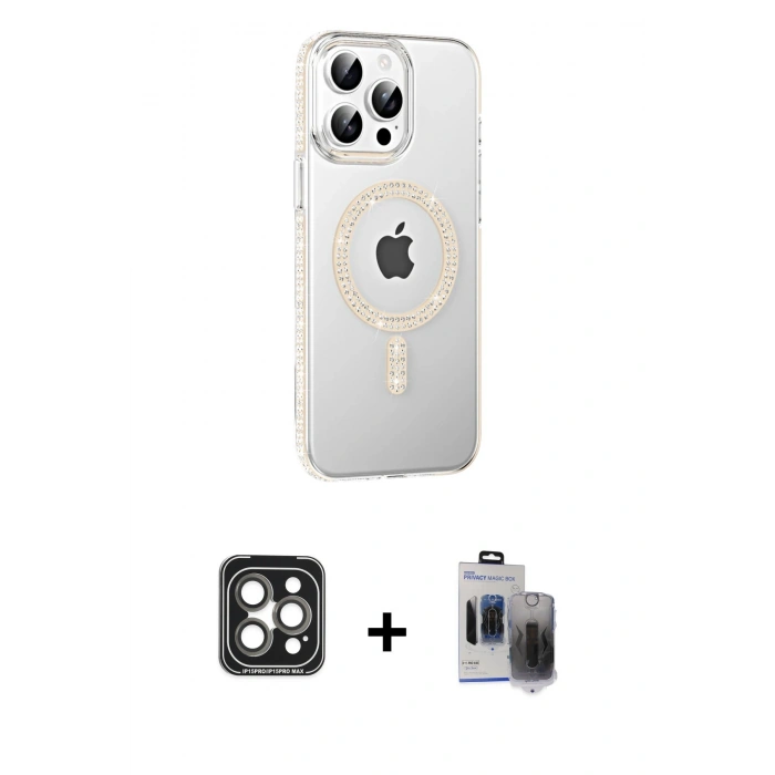 MARSİLYAN™- iPhone 15 Pro Max Kılıf Yörünge Koleksiyonu - Siyah Vanessa Magic Hayalet Cam + PVD Metal Kamera Lens - GI