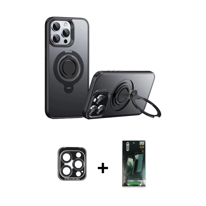 MARSİLYAN™- iPhone 15 Pro Max Kılıf Zirve Çizgi Prime - Siyah 360 Mat Full Body Arka Koruyucu + PVD Metal Kamera Lens - LT