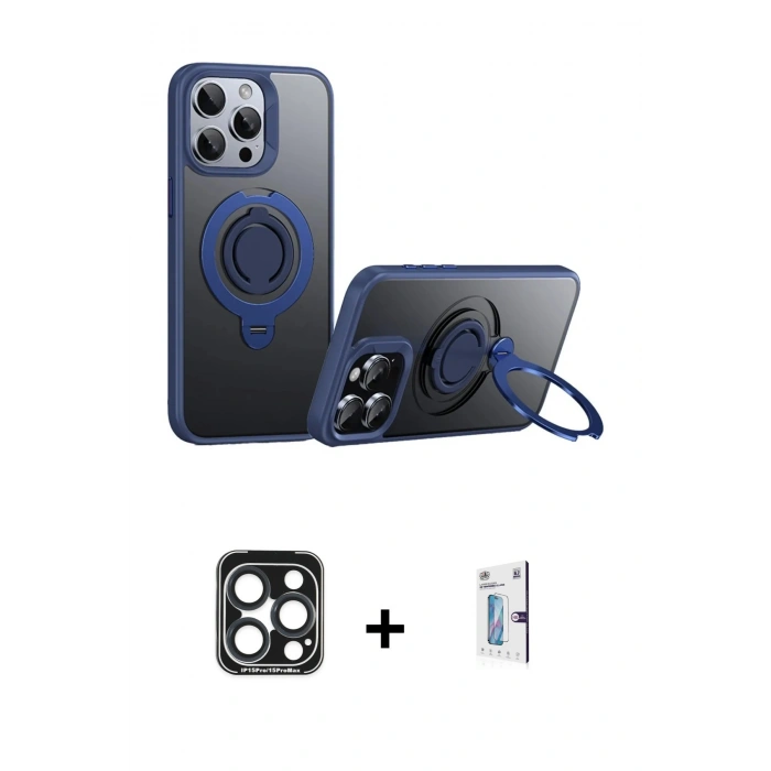 MARSİLYAN™- iPhone 15 Pro Max Kılıf Zirve Çizgi Prime - Siyah Bilvis 0.18mm Plus Cam Ekran Koruyucu + Lacivert PVD Metal Kamera Lens