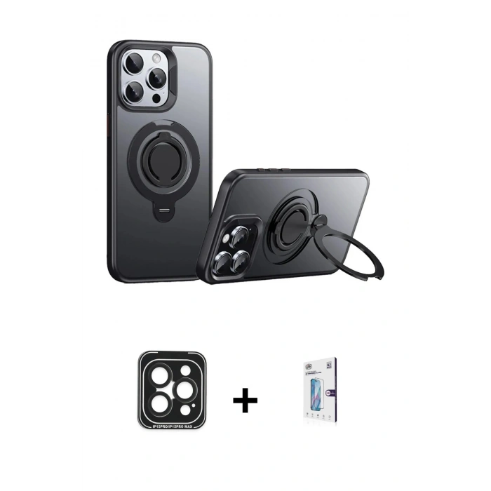 MARSİLYAN™- iPhone 15 Pro Max Kılıf Zirve Çizgi Prime - Siyah Bilvis 0.18mm Plus Cam Ekran Koruyucu + Siyah PVD Metal Kamera Lens