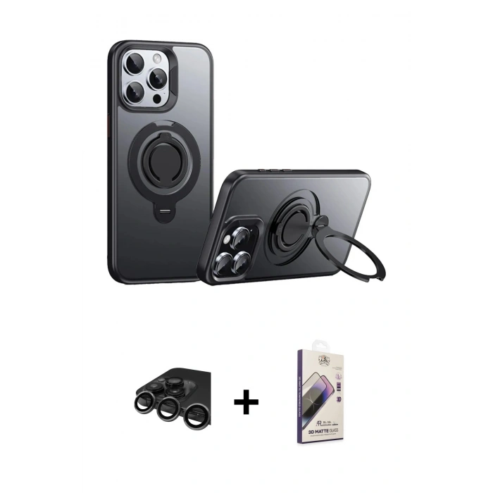 MARSİLYAN™- iPhone 15 Pro Max Kılıf Zirve Çizgi Prime - Siyah Bilvis 3D Mat Cam Ekran Koruyucu + Raze Metal Kamera Lens - TMGI