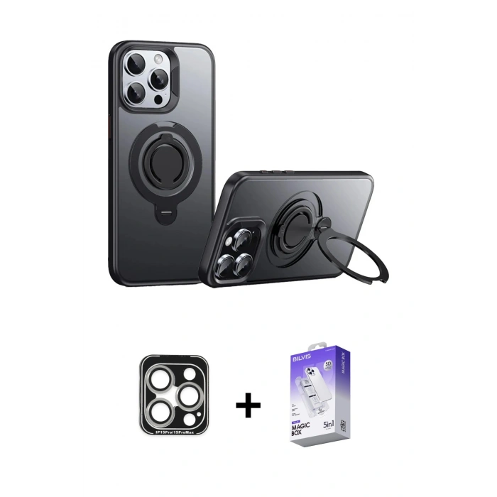 MARSİLYAN™- iPhone 15 Pro Max Kılıf Zirve Çizgi Prime - Siyah Bilvis 5in1 3D Magic Cam Ekran Koruyucu + PVD Metal Kamera Lens - GS