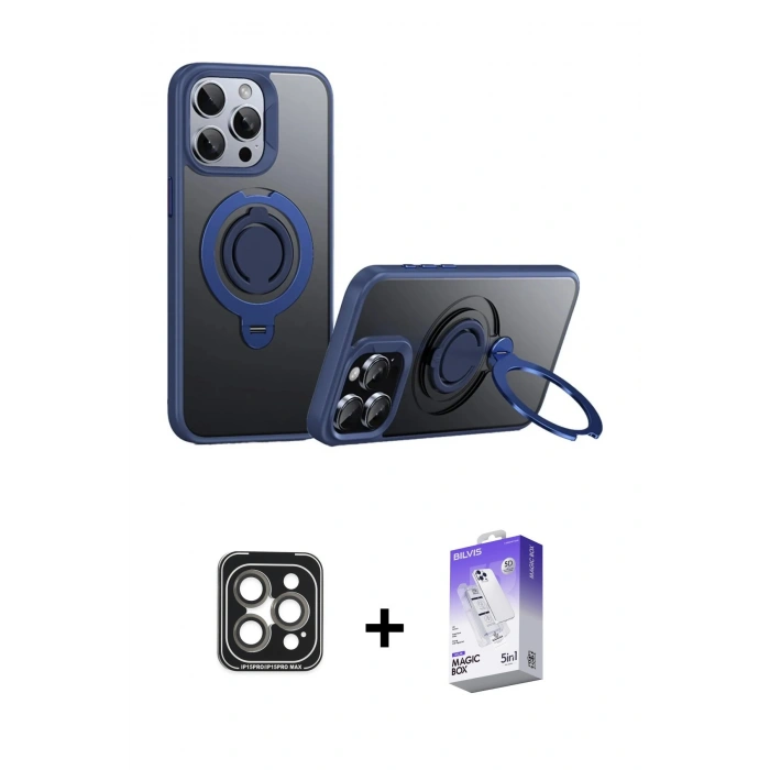 MARSİLYAN™- iPhone 15 Pro Max Kılıf Zirve Çizgi Prime - Siyah Bilvis 5in1 3D Magic Cam Ekran Koruyucu + PVD Metal Kamera Lens - GI