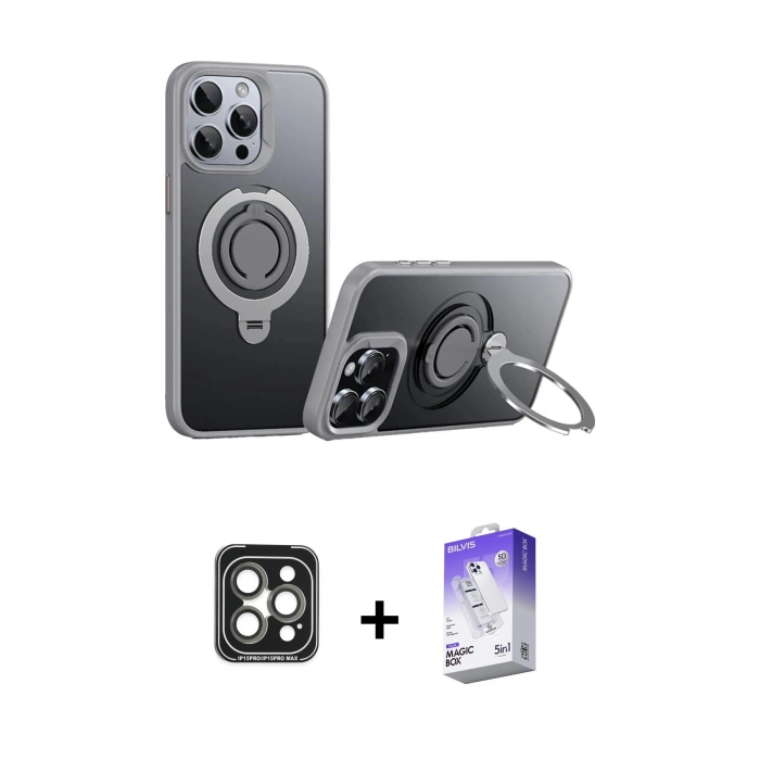 MARSİLYAN™- iPhone 15 Pro Max Kılıf Zirve Çizgi Prime - Siyah Bilvis 5in1 3D Magic Cam Ekran Koruyucu + PVD Metal Kamera Lens - GI